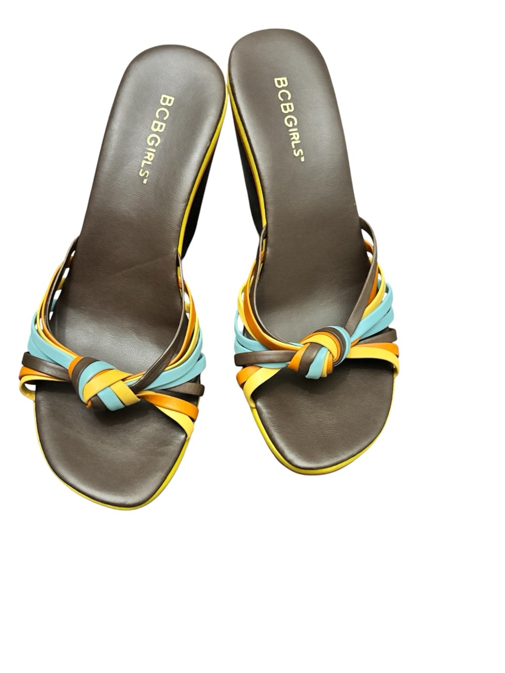 Y2K BCBGirls Brown Slide Mules with Turquoise & Yellow Braided Straps